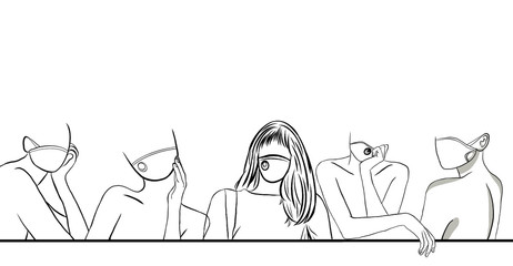 Line drawing,group of women wearing hygiene face mask or fabric cloth mask for prevent Corona epidemic,pm2.5,pollution,virus,bacteria in the air.New normal.Creative with illustration progress.