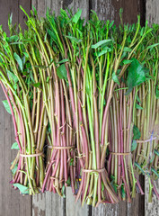 pile of fresh morning glory on wooden table at market ,