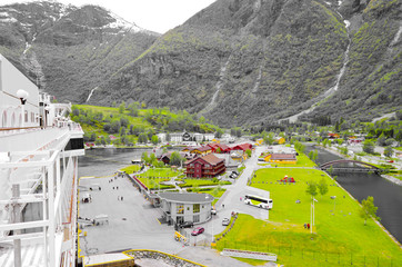 Cruiseship or cruise ship liner in Flam, Norway during cruising to Norwegian Fjords in...