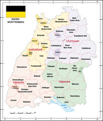 Baden Wuerttemberg state outline administrative and political map with flag - obrazy, fototapety, plakaty