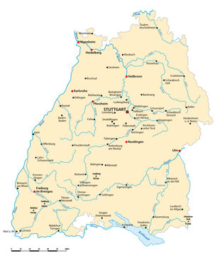 Vector map of the state of Baden wuerttemberg with major cities, Germany
