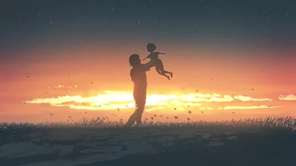 Tuinposter silhouet van de vader die zijn dochter naar boven draagt bij zonsondergang, digitale kunststijl, illustratie, schilderkunst © grandfailure
