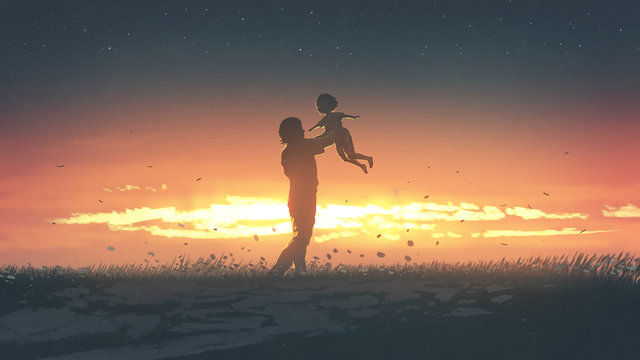 silhouette of the father carring his daughter up at sunset, digital art style, illustration painting