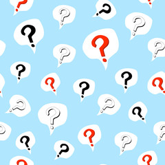 Seamless pattern of black white and red question marks in speech bubbles. The concept of asking. Funny cartoon background for   banner, scrapbooking paper, textile. Stock vector illustration.