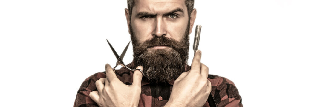 Mustache men. Beard macho man. Bearded man, bearded male. Portrait beard man. Barber scissors and straight razor, barber shop