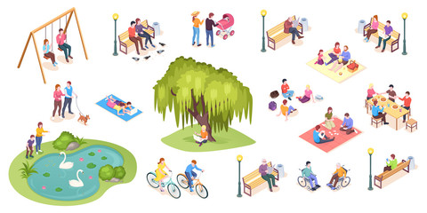 People in park leisure and outdoor activity, family picnic and summer rest, vector isometric isolated elements. City park isometry icons of people sitting on bench, playing on lawn and reading book