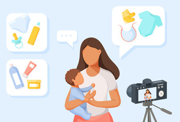 Young mother creating blogging at home. Work from home concept. Video blogging. Vector illustration. 
