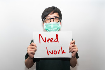 Unemployment young man holding paper message 