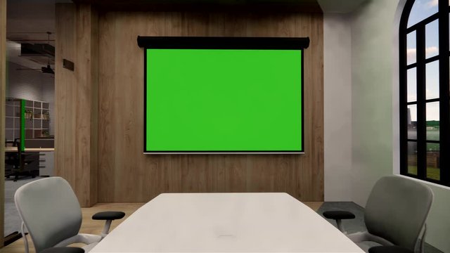 3d illustration animation, a seamless panorama of the room and  office meeting room . interior design 3D rendering.reception in a modern panoramic office.green screen on wall.