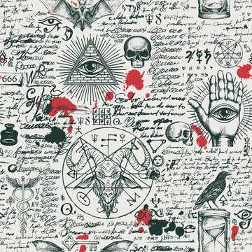Vector seamless pattern on a theme of occultism and freemasonry in vintage style. Abstract background with hand-drawn sketches, masonic symbols, blood drops and scribbles imitating handwritten text