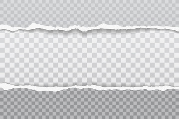 Pieces of torn grey paper with soft shadow stuck on white squared background. Vector illustration