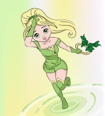 Green magical power girl, new cartoon character design, anime style