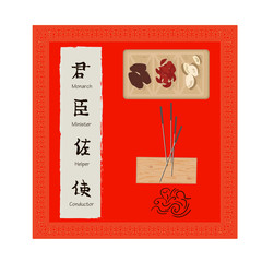 Chinese medicine, herbal tea and hieroglyphs of traditional chinese medical rules, zhen shen root and herbs vector illustration banner. Alternative medicine.