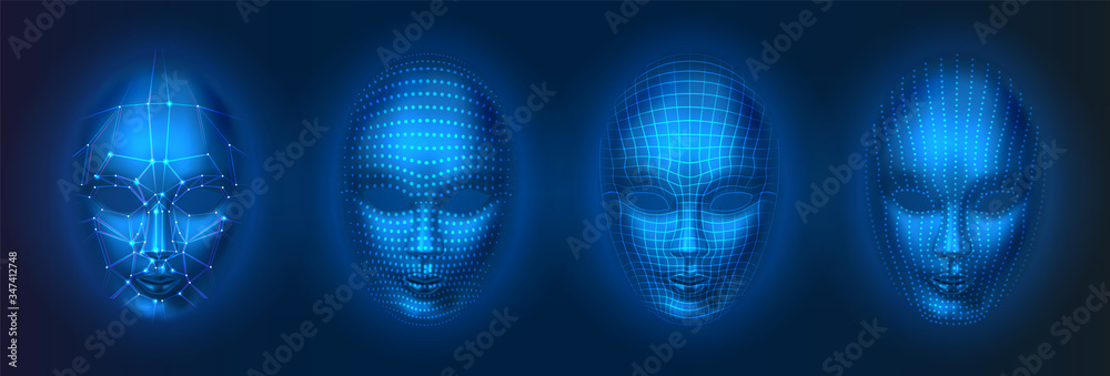 Poster Set of isolated human or robot, artificial intelligence faces with dots and lines. Facial scan with AI, head verification technology, recognition concept. Bionic and futuristic human id scan.