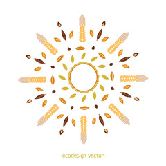 Vector ornament from Wheat Ears leaves and seed. Eco design round pattern. Vector Decorative Borders Design. Logo design template, icons and badges for natural and organic product in linear style.