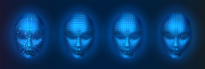 Set of isolated human or robot, artificial intelligence faces with dots and lines. Facial scan with AI, head verification technology, recognition concept. Bionic and futuristic human id scan.