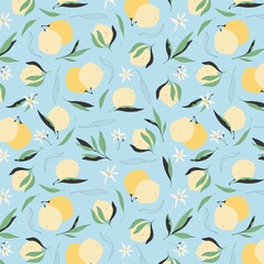 Seamless lemon pattern. Trendy yellow lemons on a blue background. Modern hand-drawn vector illustration for greeting cards, wallpapers, and wrapping paper design. Juicy summer fruit background.