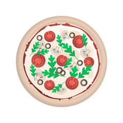 Vector isolated hole pizza with tomatoes, mushrooms, arugula and black olives. Top view.