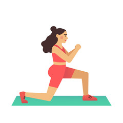 Cartoon female is training, doing lunge exercise. Woman in sports clothes on a rug. Modern flat vector illustration isolated on a white background.