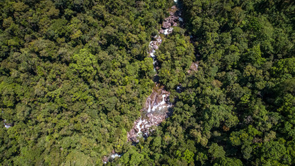Close up aerial view to a waterfall in the Serra de mantiqueira (Mantiquiera mountains), Itatiaia , Rio de Janeiro, Brazil
