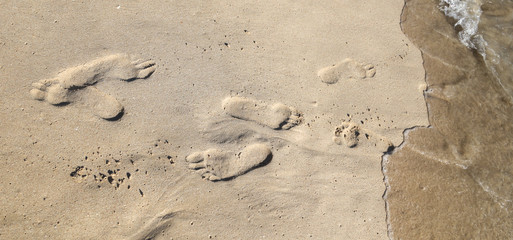 Fototapeta na wymiar Traces of man on the sand in the tropics.