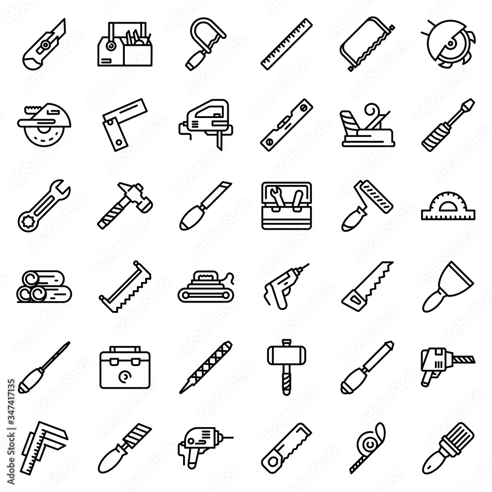 Poster carpenter tools icons set. outline set of carpenter tools vector icons for web design isolated on wh