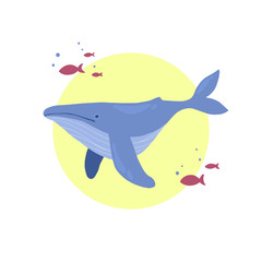 Illusnration of a blue humpback whale and pink fish on a yellow curcle background.