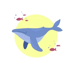 Store enrouleur Baleine Illusnration d& 39 une baleine à bosse bleue et d& 39 un poisson rose sur fond jaune curcle.