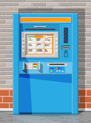 Bank ATM on street. Automatic teller machine. Program electronic device for payments and withdraw cash from plastic card. Economic, bank and finance industry. Vector illustration in flat style