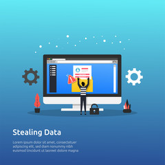 Stealing data on monitor design concept. Hacker character doing cyber crime to steal private information via networking. Computer, padlock, folder and alert symbol, vector illustration