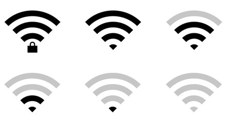 Flat wifi sign icons in straignt shape and connection level, locked and unlocked, triangle, thin, thick and round.