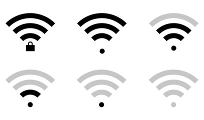 Flat wifi sign icons in straignt shape and connection level, locked and unlocked, triangle, thin, thick and round.