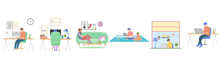 Set of people stay home. People working at home. People are reading good news. People relaxing at home. Vector illustration.