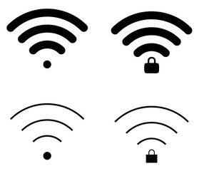 Flat wifi sign icons in straignt and round shape and connection level, locked and unlocked, triangle, thin, thick and round.
