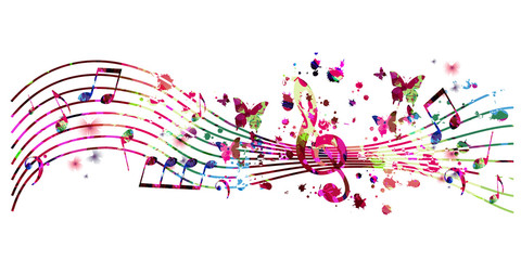 Colorful music promotional poster with G-clef and music notes isolated vector illustration. Artistic abstract background with music staff for music show, live concert events, party flyer template