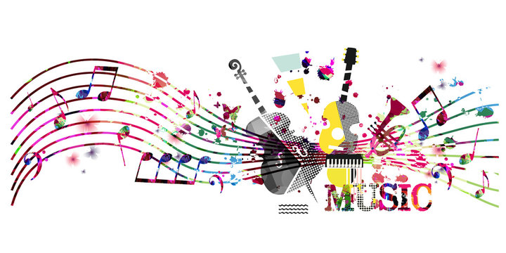 Colorful music promotional poster with music instruments and notes isolated vector illustration. Artistic abstract background for music show, live concert events, party flyer design template