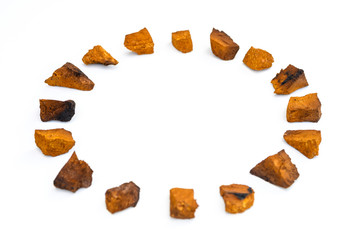 chaga mushroom. large sliced pieces of birch tree chaga fungus arranged in a circle are isolated on a white background. concept of alternative natural medicine. space for text