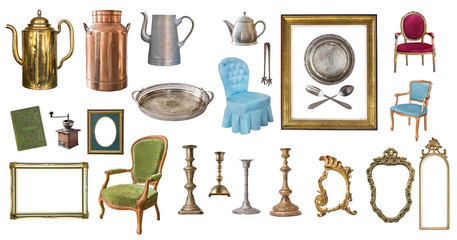 Set of beautiful antique items, picture frames, furniture, silverware. Retro. Vintage. Isolated on white background