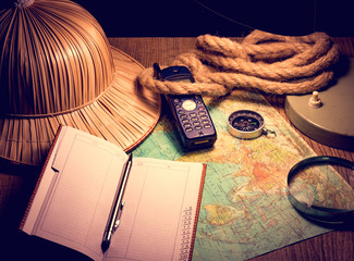 vacation travel planning with map, compass