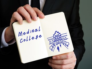Business concept meaning Medical College with phrase on the piece of paper.