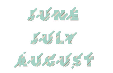 Lettering June, July, August for the design of the calendar in  font with detail external elements in the style of paper cut. The names of the months of the year for a calendar design template.