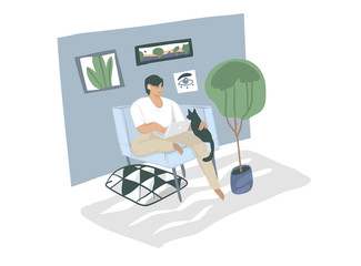 Hand drawn vector stock abstract graphic cartoon illustration with black man character,freelancer working at home with laptop computer and sitting in armchair with cat isolated on white background