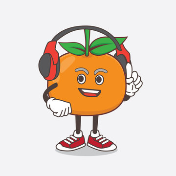 Mandarin Fruit Cartoon Mascot Character Speaking On A Headphone