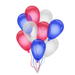 Balloons in american flag colors isolated on white background. Helium balloons composition in national colors of the american flag. USA balloon festival decoration. Balloons in white, blue and red.