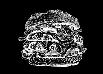 Graphical hand-drawn burger isolated on black background, vector engraved  illustration, fast food