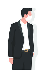Business man with face mask in modern flat style, for virus protection, air pollution, contaminated air, world pollution. Modern flat vector illustration.