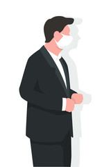 Business man with face mask in modern flat style, for virus protection, air pollution, contaminated air, world pollution. Modern flat vector illustration.