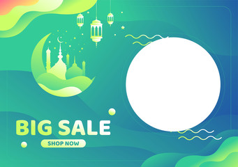 Ramadan sale islamic design crescent moon and mosque dome silhouette with arabic pattern and calligraphy