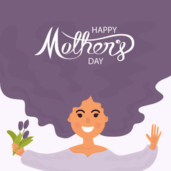 Woman face with long hair.Happy Mother's Day Calligraphy with Flower on Background.Happy Mother's Day.Trendy Design Template.Vector illustration.