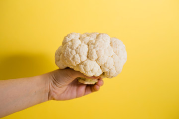 Hand holding a cauliflower on a yellow background with copy space